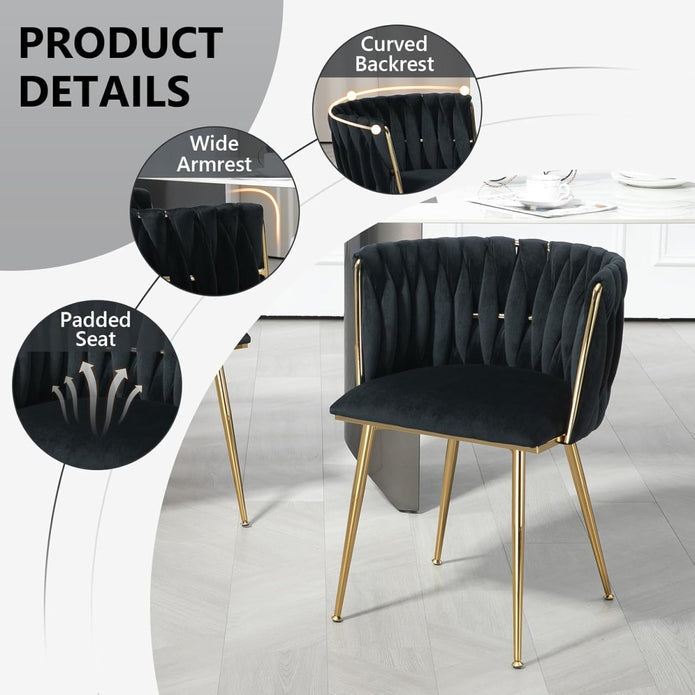 Kitchen & Dining Chairs: SERENITà Black Modern Hand Weaving Dining Chairs,Velvet Upholstered Side Chairs with Gold Legs, Chic Vanity Chairs with Armrest, Accent Chair for Dining Room, and Cafe Set of 2