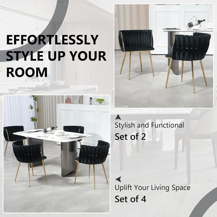 Kitchen & Dining Chairs: SERENITà Black Modern Hand Weaving Dining Chairs,Velvet Upholstered Side Chairs with Gold Legs, Chic Vanity Chairs with Armrest, Accent Chair for Dining Room, and Cafe Set of 2