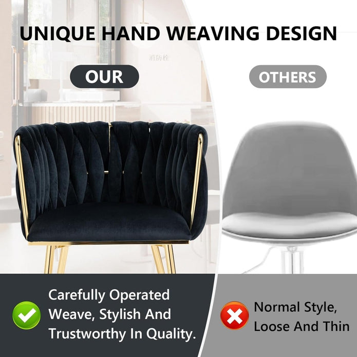Kitchen & Dining Chairs: SERENITà Black Modern Hand Weaving Dining Chairs,Velvet Upholstered Side Chairs with Gold Legs, Chic Vanity Chairs with Armrest, Accent Chair for Dining Room, and Cafe Set of 2