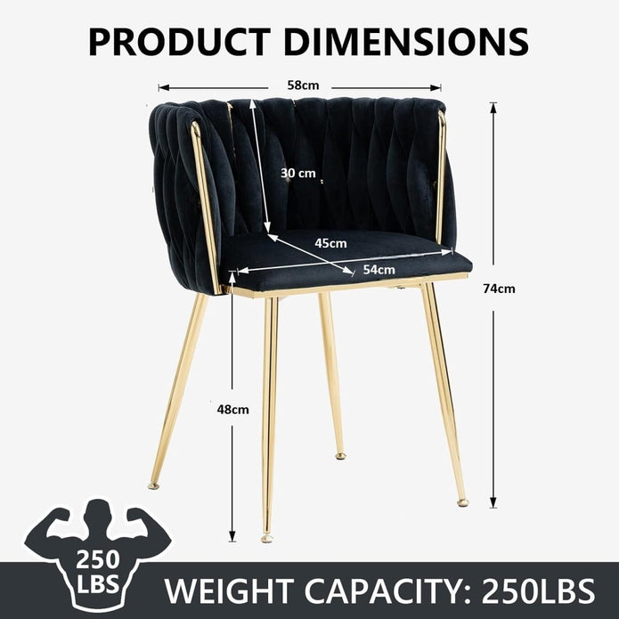 Kitchen & Dining Chairs: SERENITà Black Modern Hand Weaving Dining Chairs,Velvet Upholstered Side Chairs with Gold Legs, Chic Vanity Chairs with Armrest, Accent Chair for Dining Room, and Cafe Set of 2