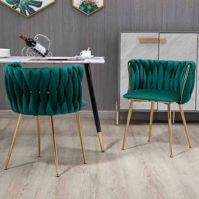 SERENITà Emerald Green Modern Hand Weaving Dining Chairs,Velvet Upholstered Side Chairs with Gold Legs, Chic Vanity Chairs with Armrest, Accent Chair for Dining Room, and Cafe Set of 2