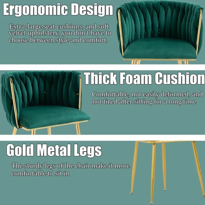 SERENITà Emerald Green Modern Hand Weaving Dining Chairs,Velvet Upholstered Side Chairs with Gold Legs, Chic Vanity Chairs with Armrest, Accent Chair for Dining Room, and Cafe Set of 2