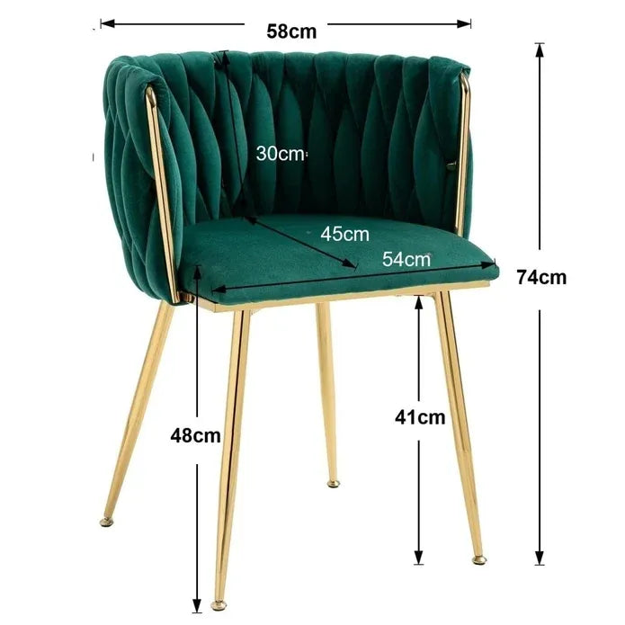 SERENITà Emerald Green Modern Hand Weaving Dining Chairs,Velvet Upholstered Side Chairs with Gold Legs, Chic Vanity Chairs with Armrest, Accent Chair for Dining Room, and Cafe Set of 2