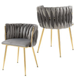 Kitchen & Dining Chairs: SERENITà Grey Modern Hand Weaving Dining Chairs,Velvet Upholstered Side Chairs with Gold Legs, Chic Vanity Chairs with Armrest, Accent Chair for Dining Room, and Cafe Set of 2