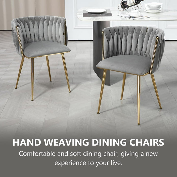 Kitchen & Dining Chairs: SERENITà Grey Modern Hand Weaving Dining Chairs,Velvet Upholstered Side Chairs with Gold Legs, Chic Vanity Chairs with Armrest, Accent Chair for Dining Room, and Cafe Set of 2