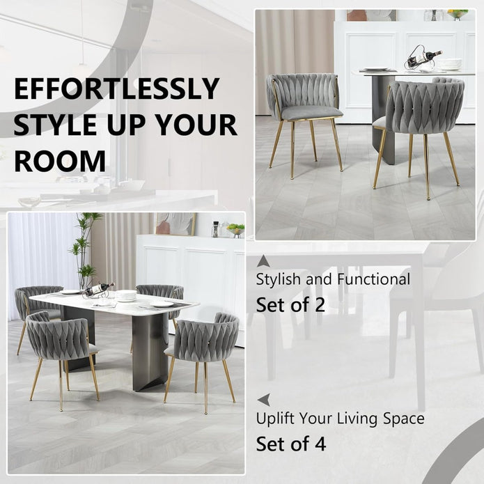 Kitchen & Dining Chairs: SERENITà Grey Modern Hand Weaving Dining Chairs,Velvet Upholstered Side Chairs with Gold Legs, Chic Vanity Chairs with Armrest, Accent Chair for Dining Room, and Cafe Set of 2