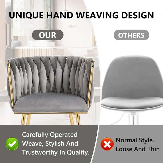 Kitchen & Dining Chairs: SERENITà Grey Modern Hand Weaving Dining Chairs,Velvet Upholstered Side Chairs with Gold Legs, Chic Vanity Chairs with Armrest, Accent Chair for Dining Room, and Cafe Set of 2