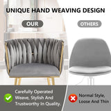 Kitchen & Dining Chairs: SERENITà Grey Modern Hand Weaving Dining Chairs,Velvet Upholstered Side Chairs with Gold Legs, Chic Vanity Chairs with Armrest, Accent Chair for Dining Room, and Cafe Set of 2