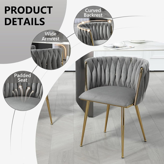 Kitchen & Dining Chairs: SERENITà Grey Modern Hand Weaving Dining Chairs,Velvet Upholstered Side Chairs with Gold Legs, Chic Vanity Chairs with Armrest, Accent Chair for Dining Room, and Cafe Set of 2