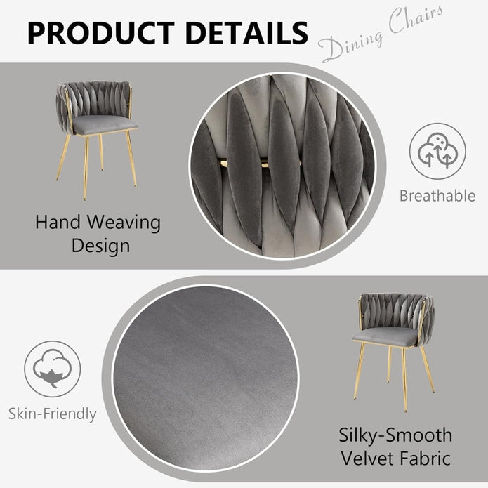 Kitchen & Dining Chairs: SERENITà Grey Modern Hand Weaving Dining Chairs,Velvet Upholstered Side Chairs with Gold Legs, Chic Vanity Chairs with Armrest, Accent Chair for Dining Room, and Cafe Set of 2