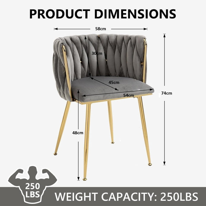 Kitchen & Dining Chairs: SERENITà Grey Modern Hand Weaving Dining Chairs,Velvet Upholstered Side Chairs with Gold Legs, Chic Vanity Chairs with Armrest, Accent Chair for Dining Room, and Cafe Set of 2