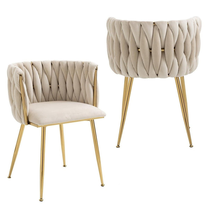 Kitchen & Dining Chairs: SERENITà Ivory Modern Hand Weaving Dining Chairs,Velvet Upholstered Side Chairs with Gold Legs, Chic Vanity Chairs with Armrest, Accent Chair for Dining Room, and Cafe Set of 2