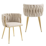 Kitchen & Dining Chairs: SERENITà Ivory Modern Hand Weaving Dining Chairs,Velvet Upholstered Side Chairs with Gold Legs, Chic Vanity Chairs with Armrest, Accent Chair for Dining Room, and Cafe Set of 2