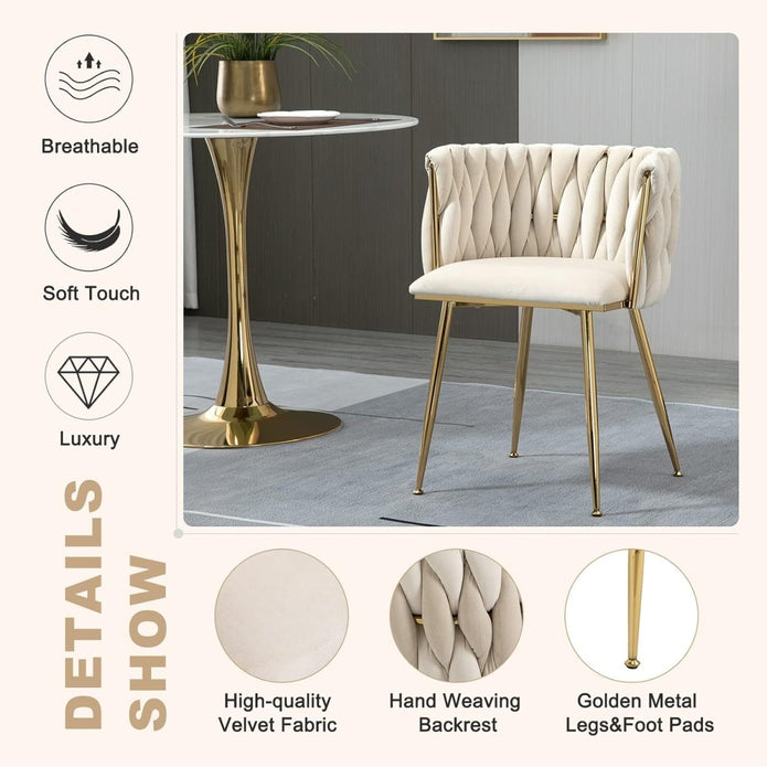 Kitchen & Dining Chairs: SERENITà Ivory Modern Hand Weaving Dining Chairs,Velvet Upholstered Side Chairs with Gold Legs, Chic Vanity Chairs with Armrest, Accent Chair for Dining Room, and Cafe Set of 2