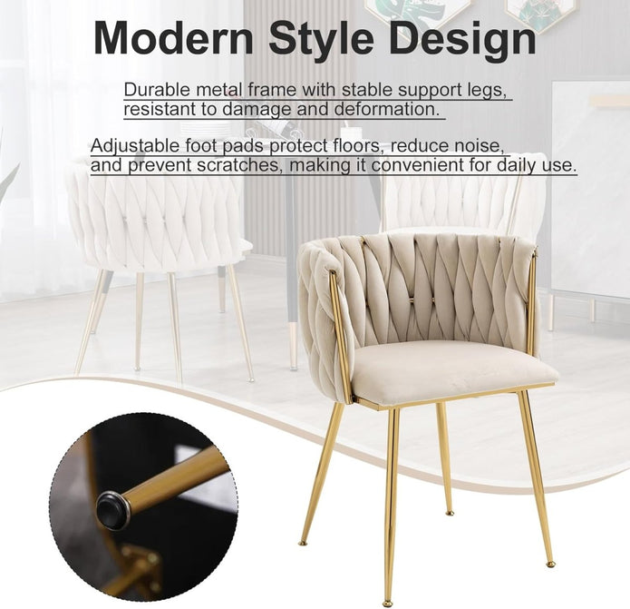 Kitchen & Dining Chairs: SERENITà Ivory Modern Hand Weaving Dining Chairs,Velvet Upholstered Side Chairs with Gold Legs, Chic Vanity Chairs with Armrest, Accent Chair for Dining Room, and Cafe Set of 2