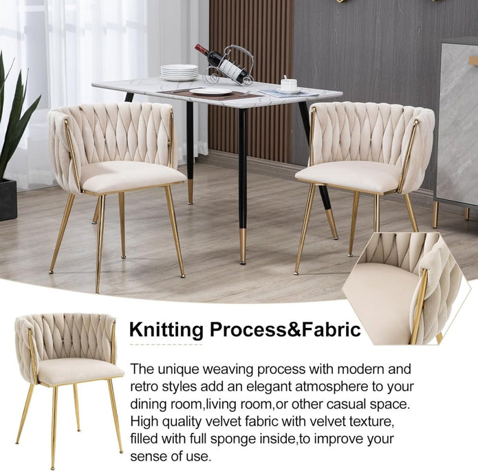 Kitchen & Dining Chairs: SERENITà Ivory Modern Hand Weaving Dining Chairs,Velvet Upholstered Side Chairs with Gold Legs, Chic Vanity Chairs with Armrest, Accent Chair for Dining Room, and Cafe Set of 2