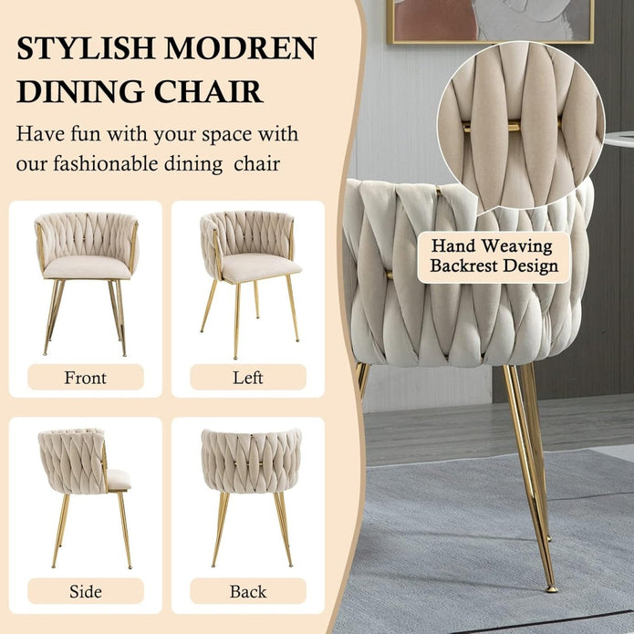 Kitchen & Dining Chairs: SERENITà Ivory Modern Hand Weaving Dining Chairs,Velvet Upholstered Side Chairs with Gold Legs, Chic Vanity Chairs with Armrest, Accent Chair for Dining Room, and Cafe Set of 2