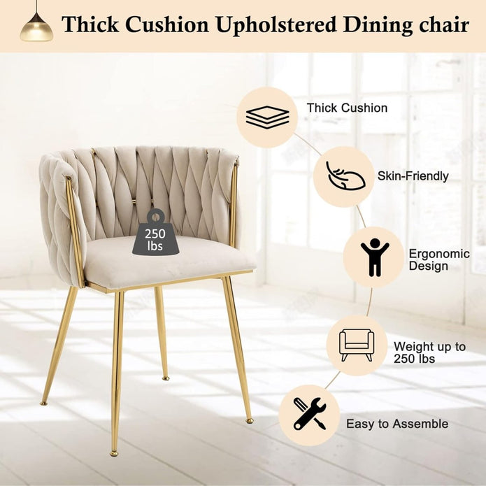Kitchen & Dining Chairs: SERENITà Ivory Modern Hand Weaving Dining Chairs,Velvet Upholstered Side Chairs with Gold Legs, Chic Vanity Chairs with Armrest, Accent Chair for Dining Room, and Cafe Set of 2