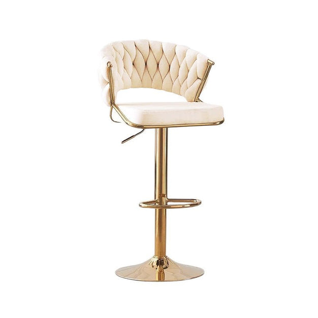 Table & Bar Stools: 2x Height Beige Velvet Padded Golden Round Base Barstools Chairs