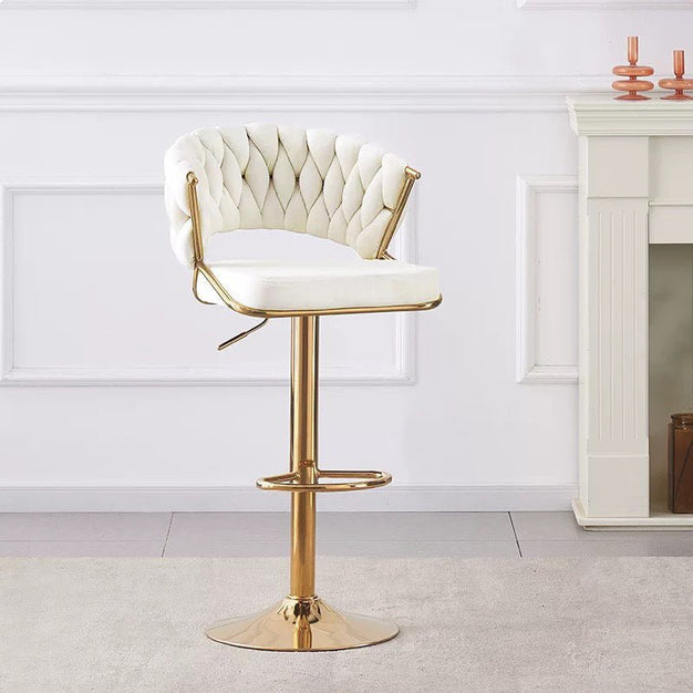 Table & Bar Stools: 2x Height Beige Velvet Padded Golden Round Base Barstools Chairs