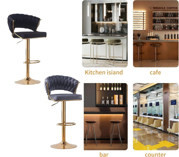 Table & Bar Stools: 2x Height Beige Velvet Padded Golden Round Base Barstools Chairs