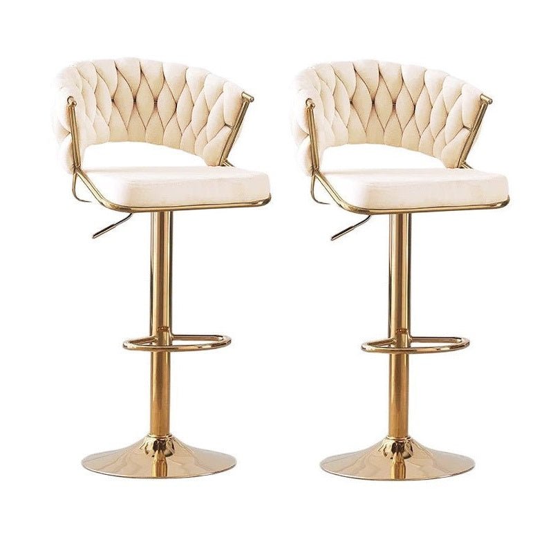 Table & Bar Stools: 2x Height Beige Velvet Padded Golden Round Base Barstools Chairs