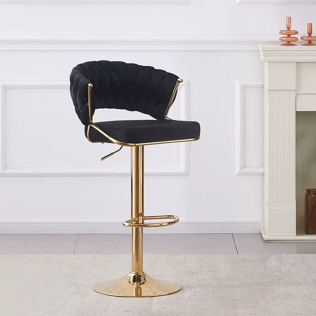 Table & Bar Stools: 2x Height Black Velvet Padded Golden Round Base Barstools Chairs