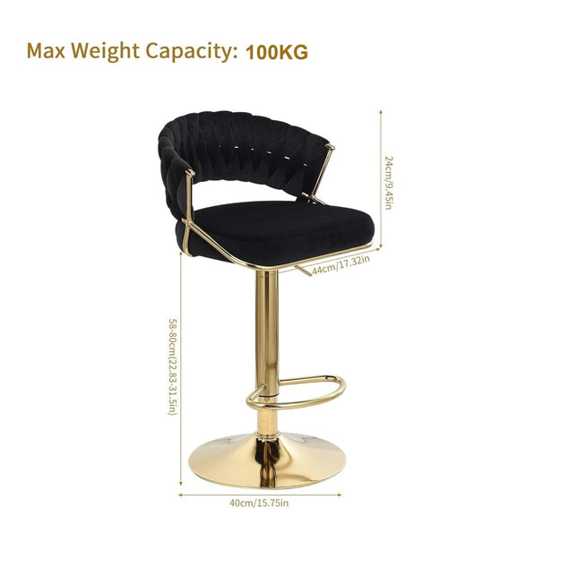 Table & Bar Stools: 2x Height Black Velvet Padded Golden Round Base Barstools Chairs