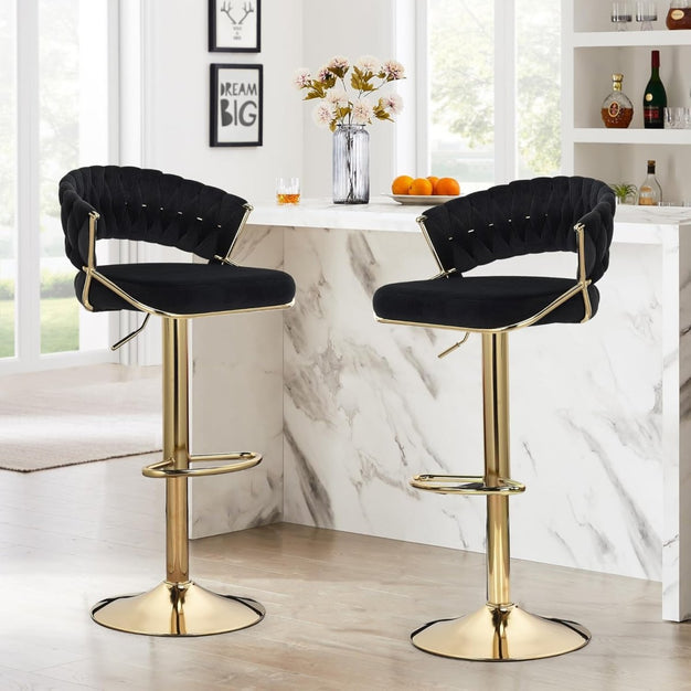 Table & Bar Stools: 2x Height Black Velvet Padded Golden Round Base Barstools Chairs
