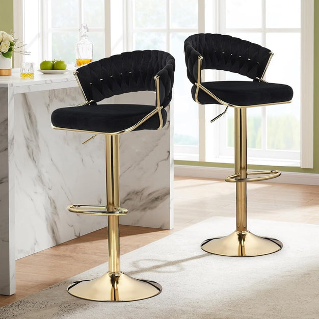 Table & Bar Stools: 2x Height Black Velvet Padded Golden Round Base Barstools Chairs