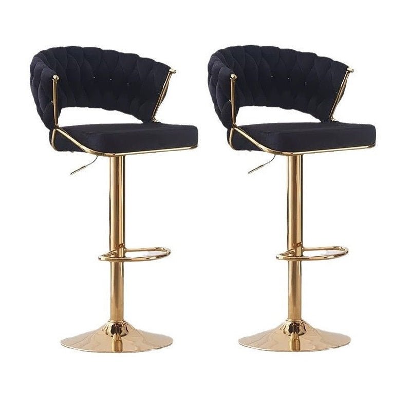 Table & Bar Stools: 2x Height Black Velvet Padded Golden Round Base Barstools Chairs