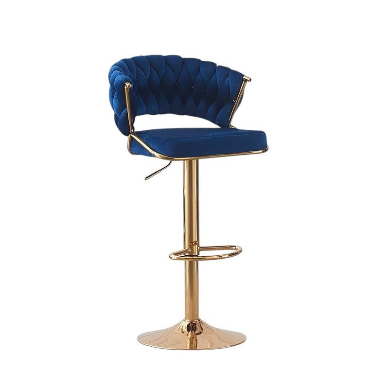 Table & Bar Stools: 2x Height Blue Velvet Padded Golden Round Base Barstools Chairs