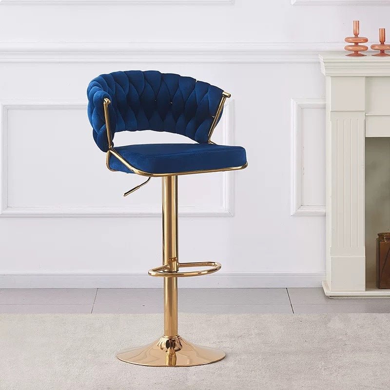 Table & Bar Stools: 2x Height Blue Velvet Padded Golden Round Base Barstools Chairs