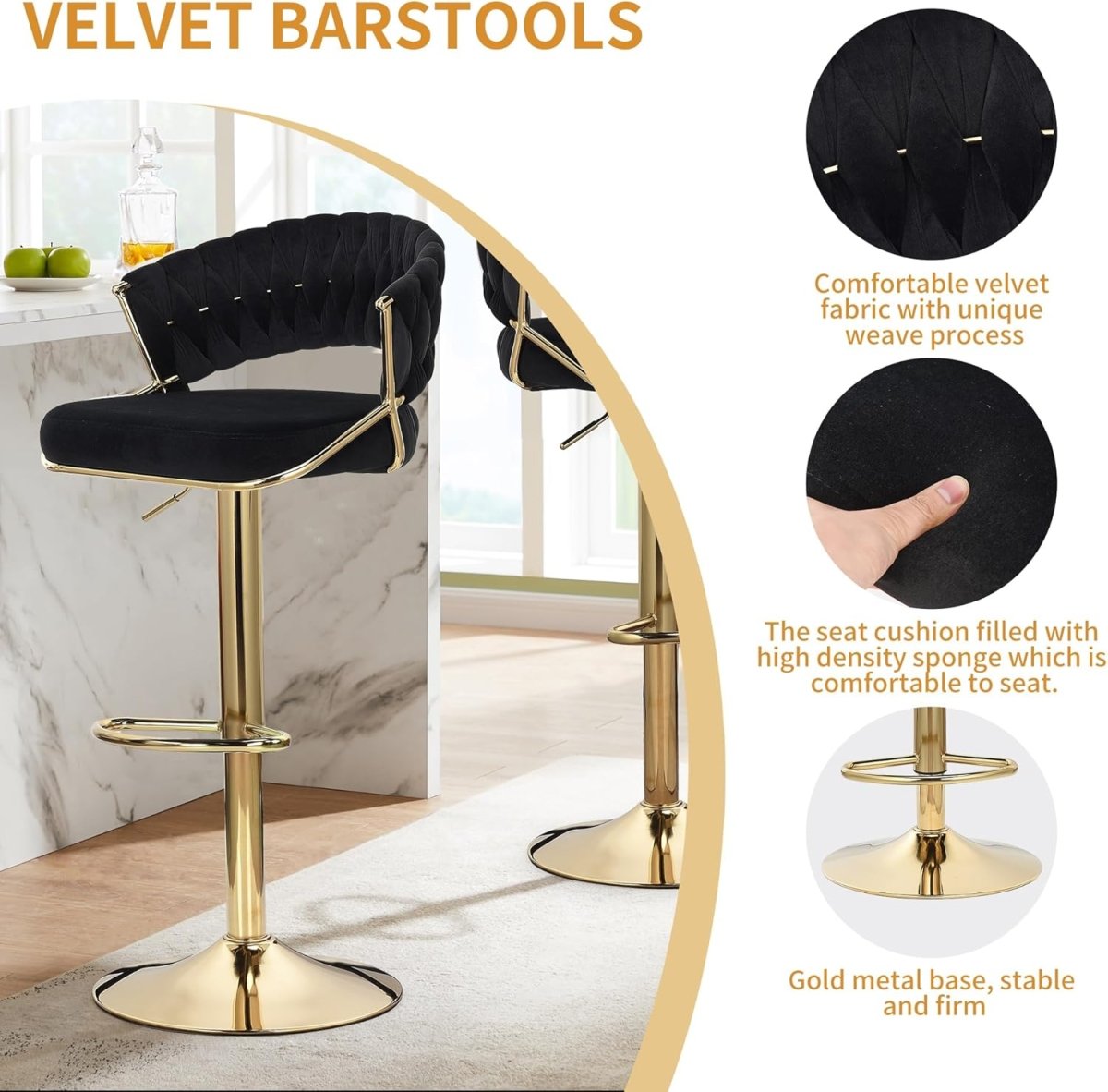 Table & Bar Stools: 2x Height Blue Velvet Padded Golden Round Base Barstools Chairs