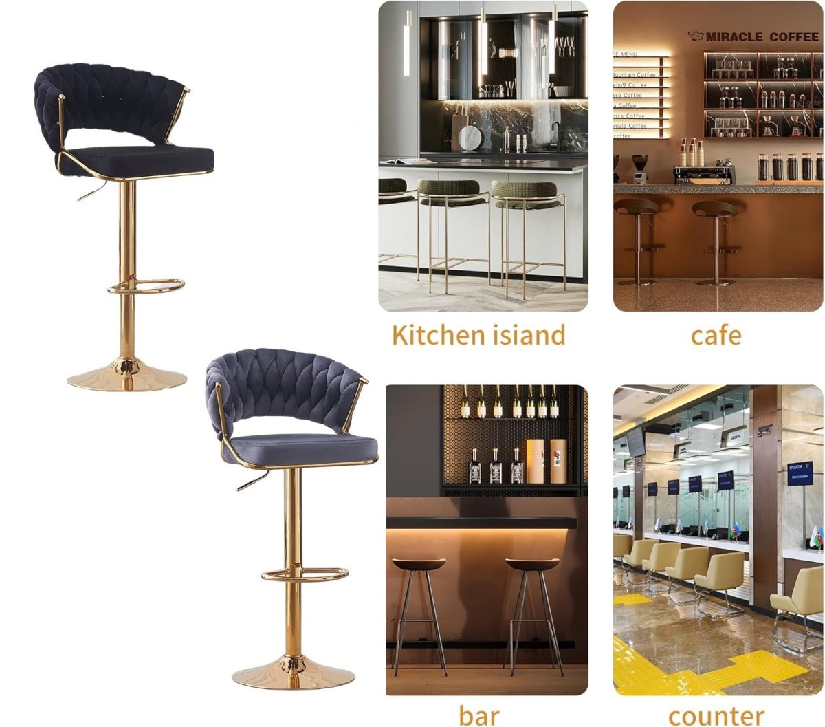 Table & Bar Stools: 2x Height Blue Velvet Padded Golden Round Base Barstools Chairs