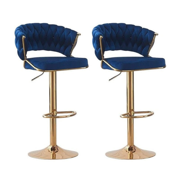 Table & Bar Stools: 2x Height Blue Velvet Padded Golden Round Base Barstools Chairs