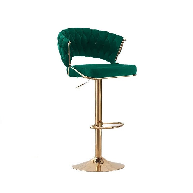 Table & Bar Stools: 2x Height Green Velvet Padded Golden Round Base Barstools Chairs