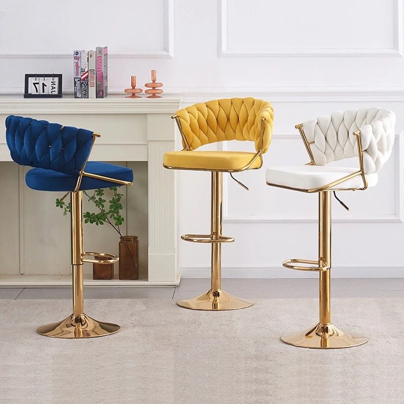 Table & Bar Stools: 2x Height Green Velvet Padded Golden Round Base Barstools Chairs