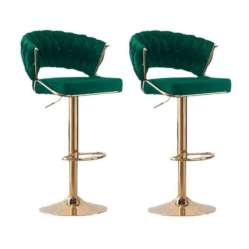 Table & Bar Stools: 2x Height Green Velvet Padded Golden Round Base Barstools Chairs