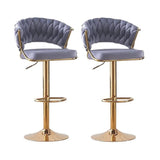 2x Height Grey Velvet Padded Golden Round Base Barstools Chairs