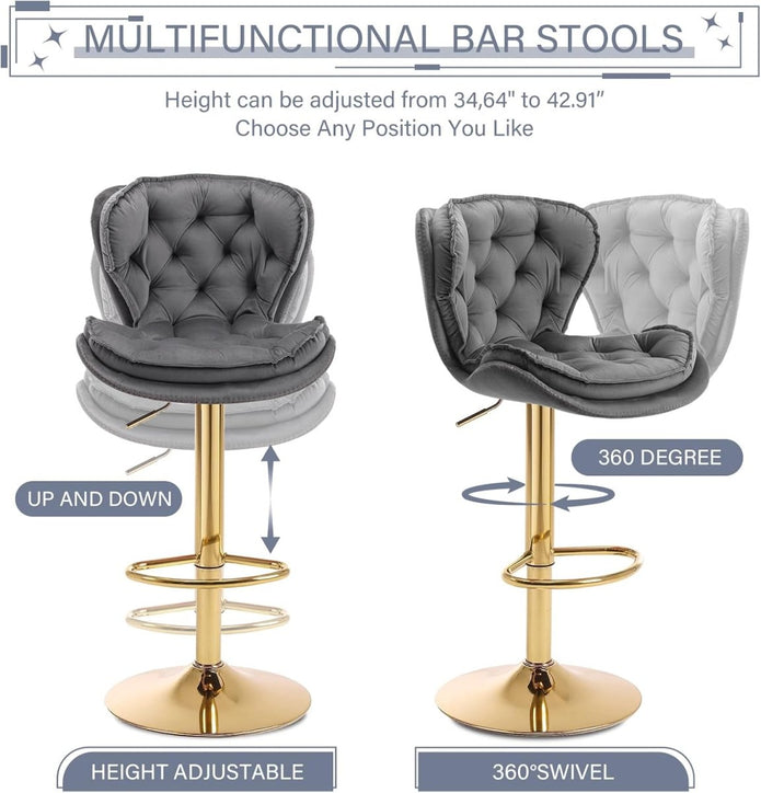 Table & Bar Stools: SERENITà Swivel Bar Stools Set of 2 Counter Height Barstools with Back Velvet Upholstered Adjustable Stool Chair Min Century Modern Bar Stool for Kitchen Island (Grey)