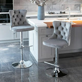 Table & Bar Stools: SERENITà Gray Velvet Bar Stools Adjustable Swivel Counter Height Chairs with Tufted Back and Nailhead Trim for Kitchen Island Pub Restaurant (2Pcs, Chrome Metal, Grey)