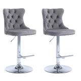 Table & Bar Stools: SERENITà Gray Velvet Bar Stools Adjustable Swivel Counter Height Chairs with Tufted Back and Nailhead Trim for Kitchen Island Pub Restaurant (2Pcs, Chrome Metal, Grey)