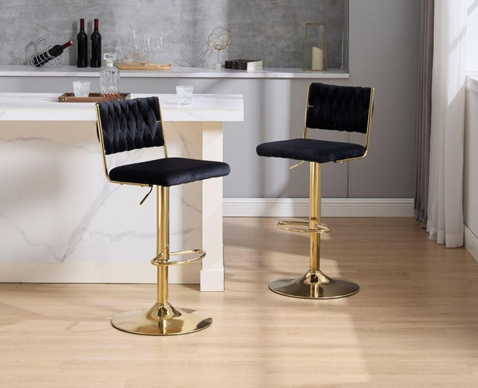 Table & Bar Stools: SERENITà  2x Velvet Bar Stools with Braided Back Elegant Kitchen High Chairs, Kitchen Island Stools Adjustable Height Swivel Bar Chairs with Gold Legs for Home-Black