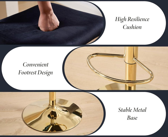 Table & Bar Stools: SERENITà  2x Velvet Bar Stools with Braided Back Elegant Kitchen High Chairs, Kitchen Island Stools Adjustable Height Swivel Bar Chairs with Gold Legs for Home-Black