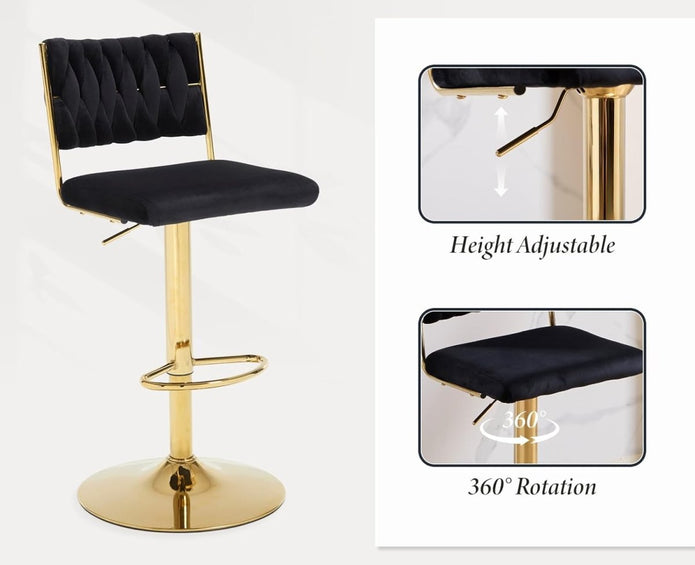 Table & Bar Stools: SERENITà  2x Velvet Bar Stools with Braided Back Elegant Kitchen High Chairs, Kitchen Island Stools Adjustable Height Swivel Bar Chairs with Gold Legs for Home-Black