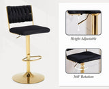 Table & Bar Stools: SERENITà  2x Velvet Bar Stools with Braided Back Elegant Kitchen High Chairs, Kitchen Island Stools Adjustable Height Swivel Bar Chairs with Gold Legs for Home-Black