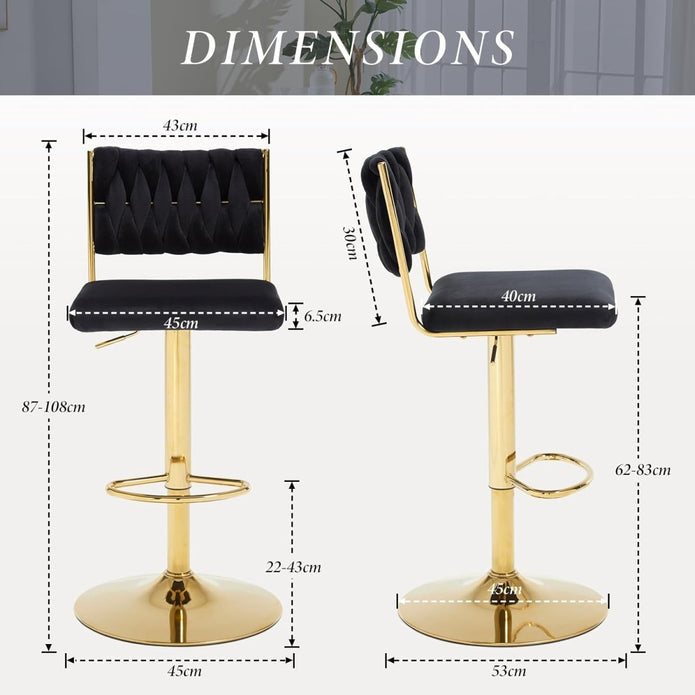 Table & Bar Stools: SERENITà  2x Velvet Bar Stools with Braided Back Elegant Kitchen High Chairs, Kitchen Island Stools Adjustable Height Swivel Bar Chairs with Gold Legs for Home-Black
