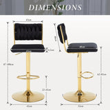 Table & Bar Stools: SERENITà  2x Velvet Bar Stools with Braided Back Elegant Kitchen High Chairs, Kitchen Island Stools Adjustable Height Swivel Bar Chairs with Gold Legs for Home-Black