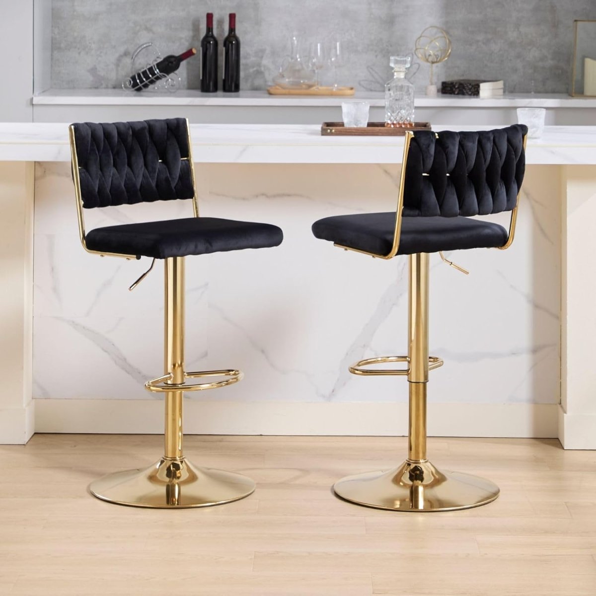 Table & Bar Stools: SERENITà  2x Velvet Bar Stools with Braided Back Elegant Kitchen High Chairs, Kitchen Island Stools Adjustable Height Swivel Bar Chairs with Gold Legs for Home-Black